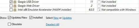screenshot of the sdk manager message showing the emulator as incompatible to windows