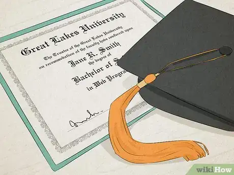 Image titled A diploma for a bachelor's degree next to a graduation cap.