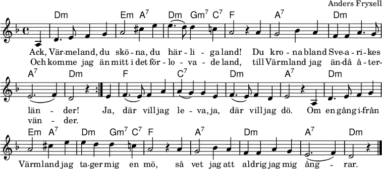 
\header { arranger = "Anders Fryxell" tagline = ##f }
\layout { indent = 0 \context { \Score \remove "Bar_number_engraver" } }
global = { \key d \minor \time 4/4 \partial 4 }

chordNames = { \set Staff.midiInstrument = "acoustic guitar (nylon)" \chordmode { \global \set chordChanges = ##t
  \repeat volta 2 { s4 | d,2:m\pp d,2:m | e,2:m a,2:7 | d,:m g,4:m7 c,:7 | f,2 s2 |
  a,2:7 a,2:7 | d,:m d,:m | a,:7 a,:7 | d,2:m s4 }
  s4 | f,2 f,2 | c,:7 c,:7 | d,:m d,:m | a,2:7 s2
  d,:m d,:m | e,2:m a,:7 | d,:m g,4:m7 c,:7 | f,2 s2
  a,2:7 a,2:7 | d,:m d,:m | a,:7 a,:7 | d,2:m s4 \bar "|."
} }

sopranoVoice = \relative c' { \global
  \repeat volta 2 { \partial 4 a4 | d4. e8 f4 g | a2 cis4 e | e4.( d8) d4 c! | a2 r4
  a4 | g2 bes4 a | f f a4. g8 | e2. (f4) | d2 r4 }
  e4 | f4. (e8) f4 a | a( g) g e | f4. (e8) f4 d | e2 r4
  a, | d4. e8 f4 g | a2 cis4 e | e4 d d c! | a2 r4
  a4 | g2 bes4 a | f f a g | e2. (f4) | d2 r4 \bar "|."
}
  
verse = \lyricmode {
  Ack, Vär -- me -- land, du skö -- na, du här -- li -- ga land!
  Du kro -- na bland Sve -- a -- ri -- kes län -- der!
  Ja, där vill jag le -- va, ja, där vill jag dö.
  Om en gång i -- från Värm -- land jag ta -- ger mig en mö,
  så vet jag att al -- drig jag mig ång -- rar.
}
verseR = \lyricmode {
  Och kom -- me jag än mitt_i det för -- lo -- va -- de land,
  till Värm -- land jag än -- då å -- ter -- vän -- der.
}

chordsPart = \new ChordNames \chordNames
sopranoVoicePart = \new Staff \with { midiInstrument = "flute" }
  { \sopranoVoice }
  \addlyrics { \verse }
  \addlyrics { \verseR }

\score {
  << \chordsPart \sopranoVoicePart >>
  \layout { }
}
\score { \unfoldRepeats { << \chordNames \\ \sopranoVoicePart >> }
  \midi { \tempo 4=108 }
}
