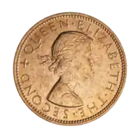 A penny featuring a bust of Elizabeth II, encircled by the text "QUEEN ELIZABETH THE SECOND"