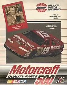 The 1991 Motorcraft Quality Parts 500 program cover, featuring Morgan Shepherd.