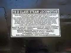 The information board for the Class 19D locomotive on display in the park.