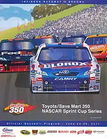 The 2011 Toyota/Save Mart 350 program cover, featuring Marcos Ambrose at the front. Artwork by David Grandin.