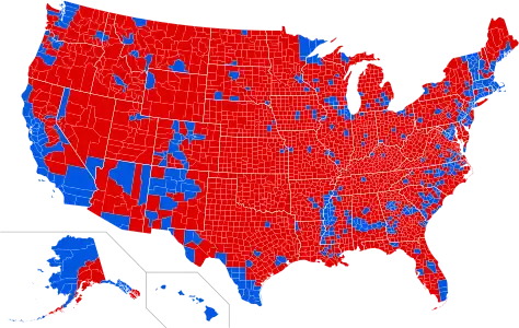 Results by county. Red denotes counties that went to Trump; blue denotes counties that went to Clinton.