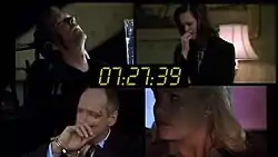 A split screen image from the TV series 24. In the image, it shows several different people, in different locations, depicted at the same time. This is used to show the viewer what different characters are doing at the same time