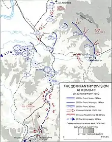 A map showing the front line with the UN labeled in blue and the Chinese in red. A blue arrows is moving down through a long sequence of red lines, with multiple red arrows chasing it