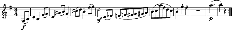  { \relative g { \key g \major \time 3/4
\partial 4 g8( \f b) | d4-. b-. fis'8( g) | d4-. ais'8( b) g4-. | cis8( d) b4-. fis'8( g) | d2 \sf d,8( es) |
e!8( f fis g gis a) | b8( c a' fis d c) | b4-. g'-. fis-. | R2. | a2.( \p | b4) r \bar ":|." }}
\layout { \context {\Score \override SpacingSpanner.common-shortest-duration = #(ly:make-moment 1/4) }} 