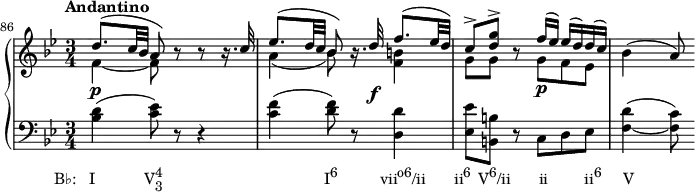 
    {
      #(set-global-staff-size 15)
      \override Score.SpacingSpanner.uniform-stretching = ##t
      \set Score.proportionalNotationDuration = #(ly:make-moment 1/8)
      \new PianoStaff <<
        \new Staff <<
            \new Voice \relative c'' {
               \override DynamicLineSpanner.staff-padding = #4
                \set Score.currentBarNumber = #86
                \bar ""
                \tempo "Andantino"
                \key bes \major \time 3/4
                \stemUp
                d8.^( c32 bes a8) r r r16. c32
                es8.^( d32 c bes8) r16. d32\f f8.^( es32 d)
                c8^> <d g>^> r8 f16^( es) es^( d) d^( c)
                \stemNeutral bes4( a8)
                }
            \new Voice \relative c' {
                \stemDown
                f4_~\p f8 s s4
                a4_( bes8) s <f b>4
                g8 g s g\p f es
                }
            >>
        \new Staff <<
            \new Voice \relative c' {
                \clef F \key bes \major \time 3/4
                <bes d>4(_\markup { \concat { \translate #'(-5.5 . 0) { "B♭:   I" \hspace #7 "V" \combine \raise #1 \small 4 \lower #1 \small 3  \hspace #23 "I" \raise #1 \small "6" \hspace #6 "vii" \raise #1 \small "o6" "/ii" \hspace #4 "ii" \raise #1 \small "6" \hspace #1 "V" \raise #1 \small "6" "/ii" \hspace #4 "ii" \hspace #5.2 "ii" \raise #1 \small "6" \hspace #3 "V" } } }
                <c es>8) r r4
                <c f>4( <d f>8) r <d, d'>4
                <es es'>8 <b b'> r c d es
                <f_~ d'>4( <f c'>8)
                }
            >>
    >> }
