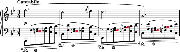 
    {
      \new PianoStaff <<
        \new Staff <<
            \new Voice \relative c'' {
                \tempo "Cantabile"
                \clef treble \key bes \major \time 3/4
                \override DynamicLineSpanner.staff-padding = #2.5
                f2.\p( d2 \acciaccatura { f8 } es4 d2. g,2.)
                }
            >>
        \new Staff <<
            \new Voice \relative c {
                \clef bass \key bes \major \time 3/4
                \override NoteHead.color = #red \hide Stem s4 e8 s4.
                s4 e8 s4.
                s4 fis8 b s4
                s4 fis8 b s4
                }
            \new Voice \relative c, {
                \clef bass \key bes \major \time 3/4
                bes8\<\sustainOn_[ f''^( <e g>\sustainOff <es a> <d bes'> <c c'>]\! 
                bes8\<\sustainOn_[) <f' d'>^( <e g>\sustainOff <es a> <d bes'> bes]\!
                es,8\<\sustainOn_[) g'^( <fis a>\sustainOff <f b> <es c'> <d d'>]\! 
                c8\<\sustainOn_[) <g' es'>^( <fis a>\sustainOff <f b> <es c'> <c es'>])\! 
                }
            >>
    >> }
