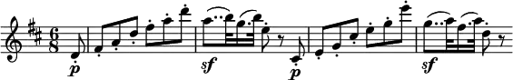  { \relative d' { \key d \major \time 6/8
\partial 8 d8-. \p | fis8-. a-. d-. fis-. a-. d-. | a8..( \sf b32) g16.( b32) e,8-. r cis,-. \p |
e8_. g-. cis-. e-. g-. e'-.| g,8..( \sf a32) fis16.( a32) d,8-. r
}} 