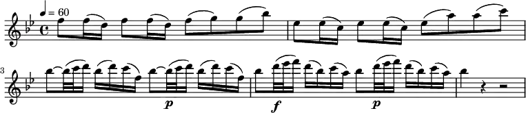 
\relative c'' {
  \set Staff.midiInstrument = #"flute"
  \tempo 4 = 60
  \clef "treble"
  \time 4/4
  \key bes \major
  f8 f16( d) f8 f16( d) f8( g) g( bes)
  | es,8 es16( c) es8 es16( c) es8( a) a( c)
  | bes8~ bes32( c d16) bes( d) c( f,) bes8~ bes32\p( c d16) bes( d) c( f,)
  | bes8 d32\f( es f16) d( bes) c( a) bes8 d32\p( es f16) d( bes) c( a)
  | bes4 r r2
}
