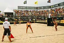 Image 2A women's match at the 2017 Hermosa Beach Open, one of the tournaments in the AVP tour. (from Beach volleyball)