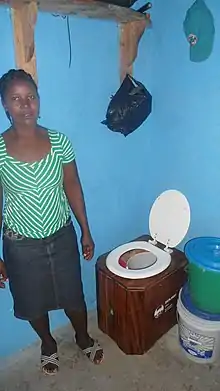 Example of a urine-diverting dry toilet in a cholera-affected area in Haiti.  This type of toilet stops transmission of disease via the fecal-oral route due to water pollution.