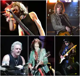 Aerosmith members. Clockwise, from top left: Steven Tyler, Tom Hamilton, Brad Whitford, Joe Perry and Joey Kramer