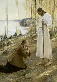 19th-century painting of Mary Magdalene, in contemporary dress, kneeling before Jesus