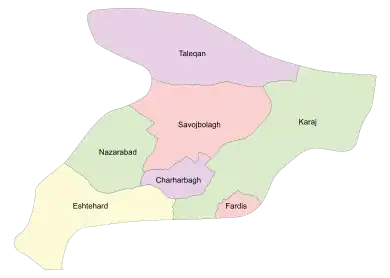 Location of Taleqan County in Alborz province (top, purple)