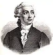 A drawing of a young man facing towards the viewer, but looking on the side. He wear a white curly wig, dark suit and white scarf.