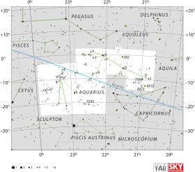 Diagram showing star positions and boundaries of the Aquarius constellation and its surroundings