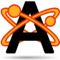 A black sans-serif capital letter A being orbited by two orange stylized electrons with orange trails.