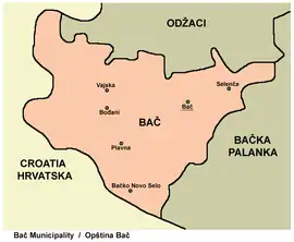 Map of the Bač municipality showing the location of Bačko Novo Selo.