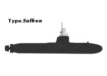 Profile of the Barracuda type submarine, with her pump-jet propeller and X-shaped stern planes.