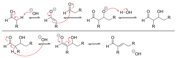 A mechanism for aldol condensation in basic conditions, which occurs via enolate intermediates and E1CB elimination.