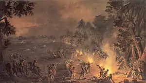 Painting showing men killing one another in the light of campfires. The scene is an open field at the edge of a forest.