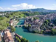 Aare river in Bern. Note the prevalence of deciduous trees.