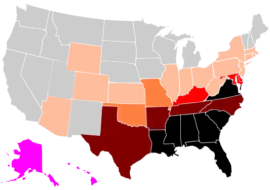 A map of the black percentage of the U.S. population by each state/territory in 1900.Black = 35.0+%Brown = 20.0–34.9%Red = 10.0–19.9%Orange = 5.0–9.9%Light orange = 1.0–4.9%Gray = 0.9% or lessMagenta = No data available