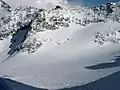 View of Blackcomb Glacier from the "Blowhole" entrance to Blackcomb Glacier Provincial Park. Spearhead Mtn in foreground, Phalanx Mtn on left