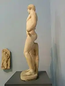 Prominent, muscular buttocks are a standard feature of athletic and military artwork from Ancient Greece, as demonstrated by this statue of a boxer. British Museum (c. 460 BC)