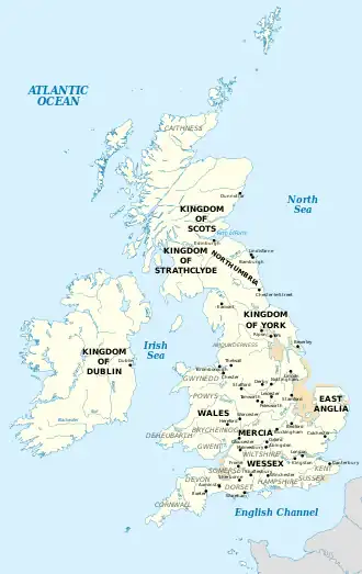 Map of the British Isles in the tenth century. Edmund's territory at the beginning and end of his reign covered Wessex, Mercia, East Anglia, York and Northumbria.