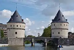 Broel Towers along the river Lys in Kortrijk