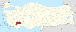 Burdur highlighted in red on a beige political map of Turkeym