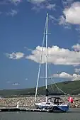 A C&C 37/40 XL lying at dock at Ben Eoin Yacht Club on Cape Breton Island.