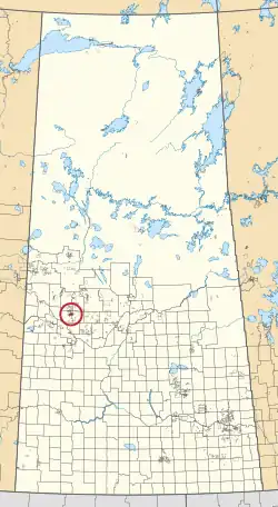 A map of the province of Saskatchewan showing 297 rural municipalities and hundreds of small Indian reserves. One is highlighted with a red circle.