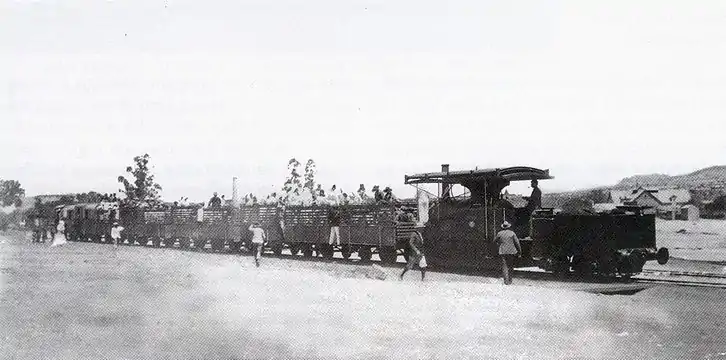 A condenser with tender working a company picnic train at O'okiep, c. 1890