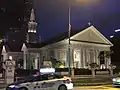 Street view at night of the restored cathedral