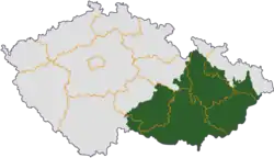 Moravia (green) in relation to the current regions of the Czech Republic