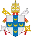 Coat of arms used by Pius II (Enea Silvio Bartolomeo Piccolomini, 1458–1464) and by Pius III (1503, born Francesco Todeschini Piccolomini). Francesco Todeschini was received as a boy into the household of Aeneas Silvius, who permitted him to assume the name and arms of the Piccolomini family (his brother Antonio being made Duke of Amalfi during the pontificate of Pius II).