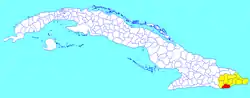 Caimanera municipality (red) within  Guantánamo Province (yellow) and Cuba