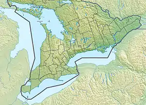 Map of Southern Ontario with a dot at the location of the mouth of the Chenal Ecarté (The Snye)