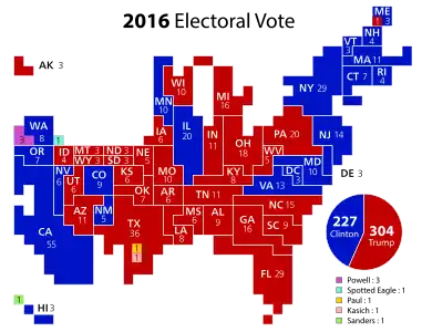 A discretized cartogram of the 2016 United States presidential election using squares