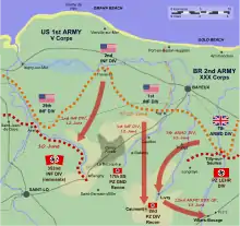 A diagram of the Caumont Gap and the advances made by the Anglo-American forces, as described in the text.