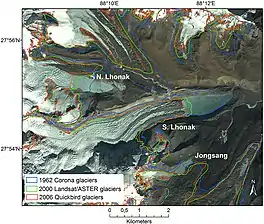 A 2006 satellite image of the South Lhonak Lake, with overlaid lines showing its smaller historical extent