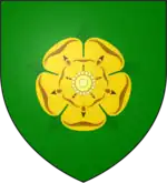 A coat of arms showing a golden rose with five petals on a green field