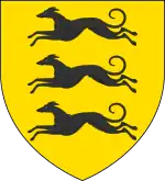 A coat of arms showing three black dogs on a field of yellow.