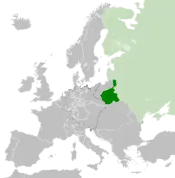 Map of Congress Poland, c. 1815, following the Congress of Vienna. The Russian Empire is shown in light green.