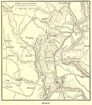 Sepia-toned Resaca battle map from Jacob D. Cox's Atlanta