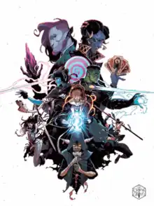 The main characters arranged in a diamond shape with characters towards the top larger than the characters towards the bottom or sides. Standing back to back at the top are are Caduceus, wielding his pink crystal staff, and Molly, holding tarot cards. Back to back directly below are Jester, aiming her giant lollipop spiritual weapon, and Fjord, wielding his falchion. In the middle directly below them is Caleb holding a Luxon Beacon followed by Nott, who has pulled down her mask. To the right of them is Beau who is leaping with her staff and to the left of them is Yasha who is similarly launching herself with sword in hand. The Critical Role logo is at the bottom right of the poster.